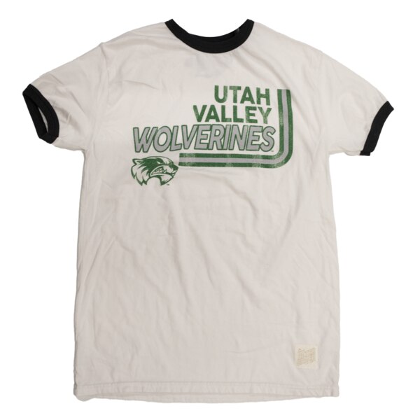Retro Brand vintage ringer tee, white with black accents “Utah Valley Wolverines” in green with lines curving front the bottom around the side and a wolverine head logo underneath